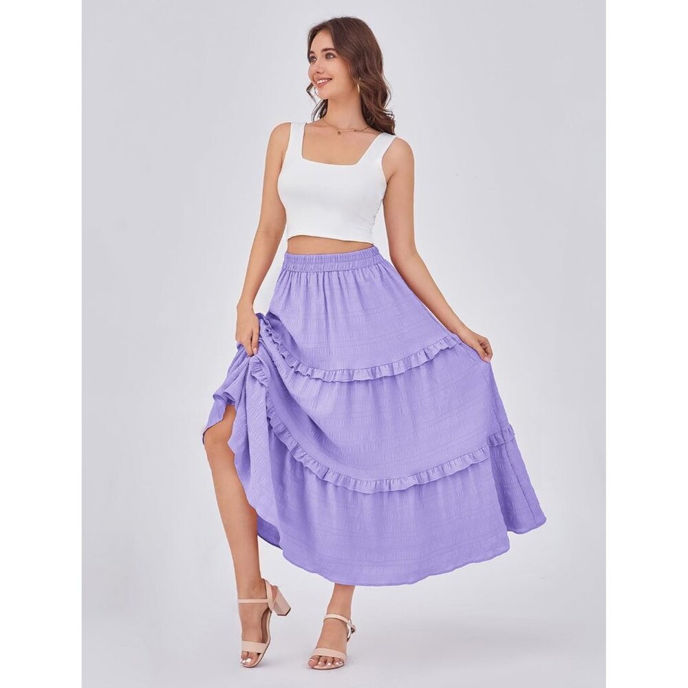 Women's Purple Casual Elegant A Line Flowy Ruffle Tiered Long Pockets Maxi Skirt - Picture 2 of 5